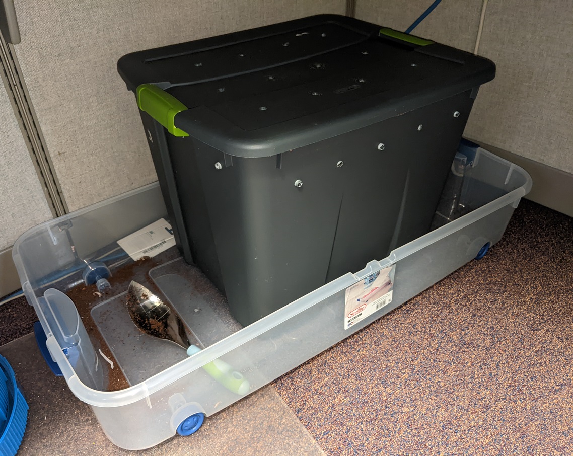 An opaque grey lidded 18 gallon container inside a larger shallow container for drainage