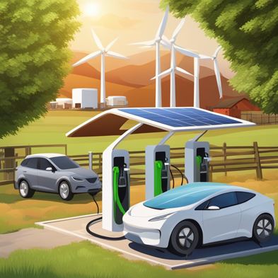 image of electric vehicle being charged at a solar panel electric station with windmills in the distance